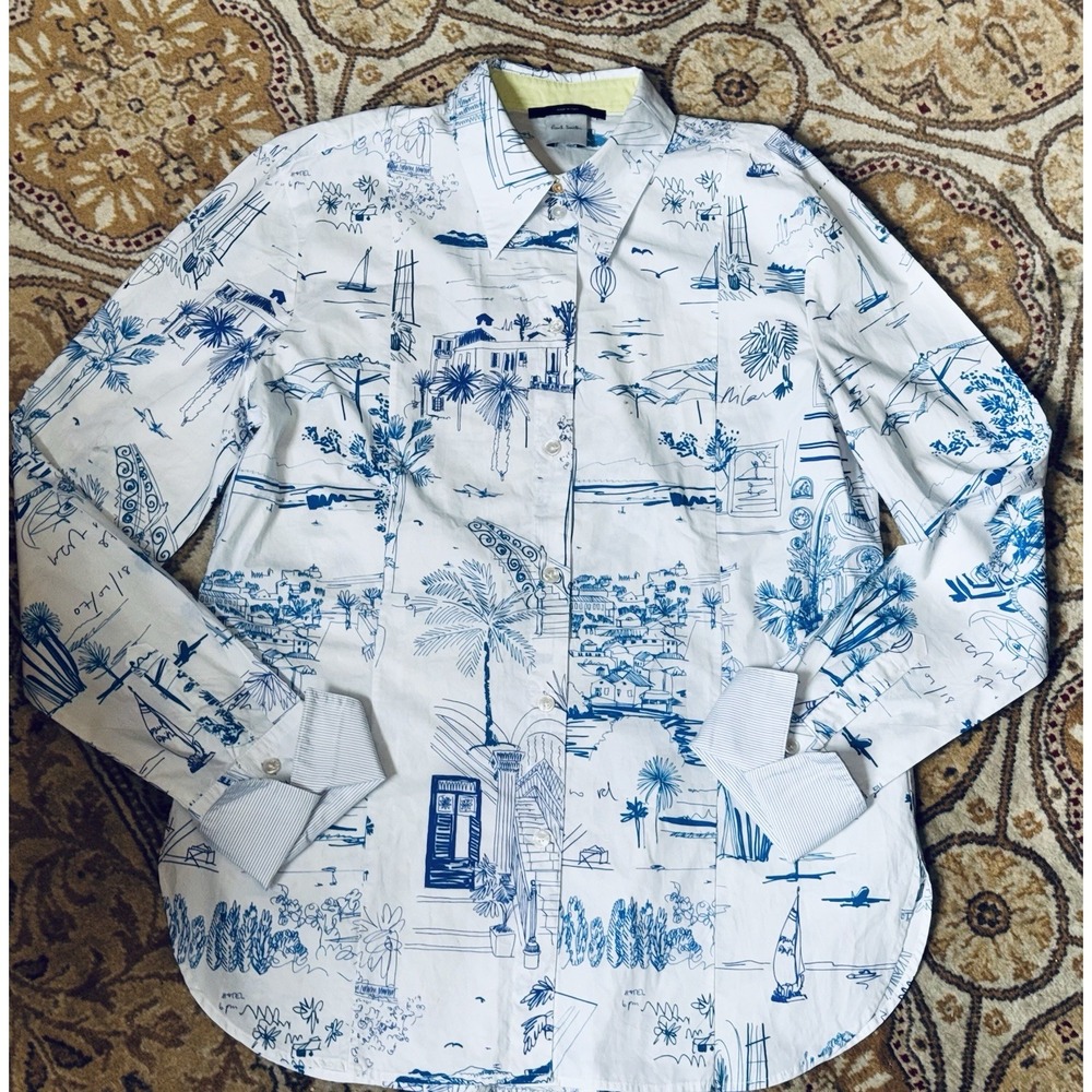 $395 Paul Smith Blue/White Shirt 44/17.5 Italy French Flip Cuff Vacation Sketch‎
